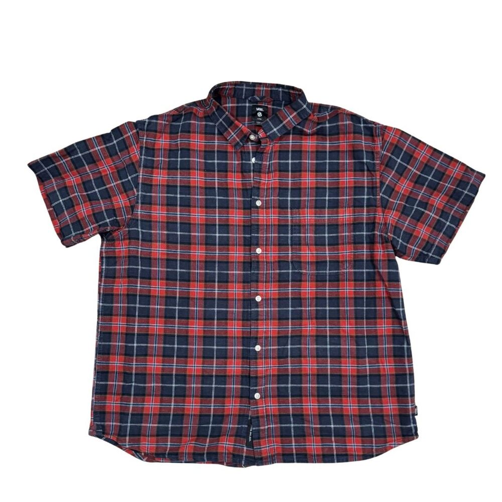 Vans Mens Lawson Plaid Button Up Shirt – Red Navy, L